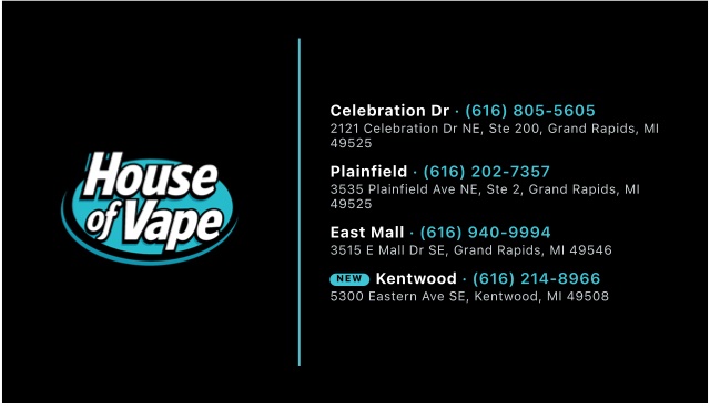 House of Vape business card designed by Purpose Passion Media — four Grand Rapids locations