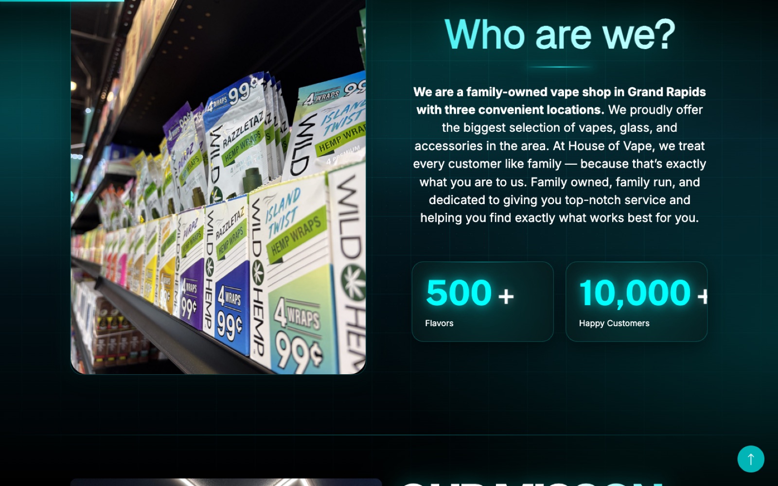 House of Vape website — who we are, 500+ flavors, 10,000+ happy customers