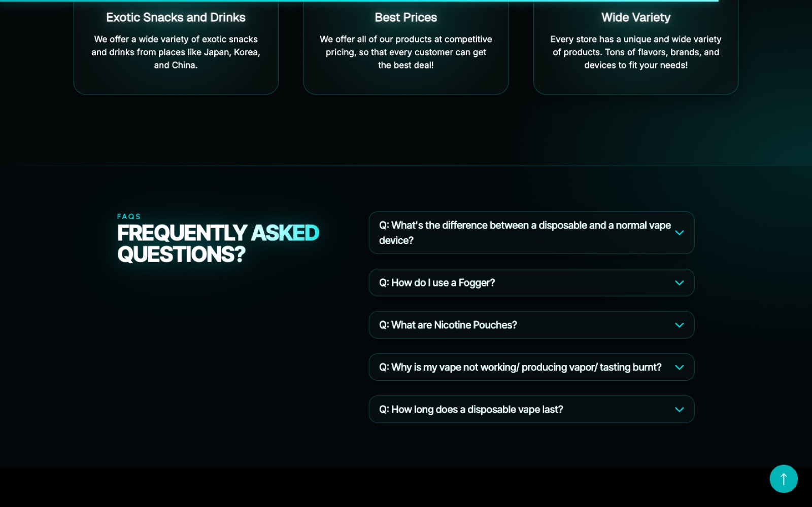 House of Vape website — features and FAQ section